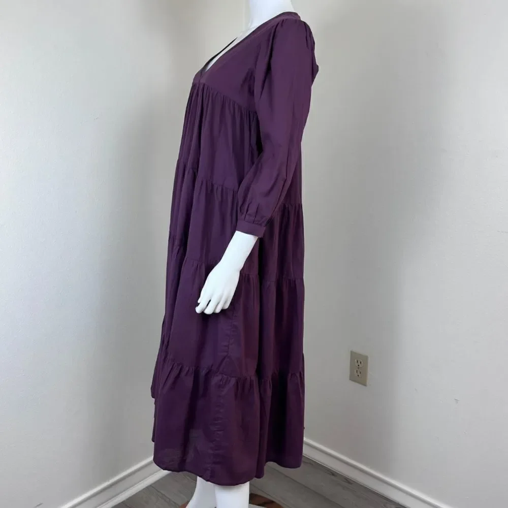 Mille Gemma Women Size XXS Purple Peasant Cotton Pullover Tiered Midi NEW Dress